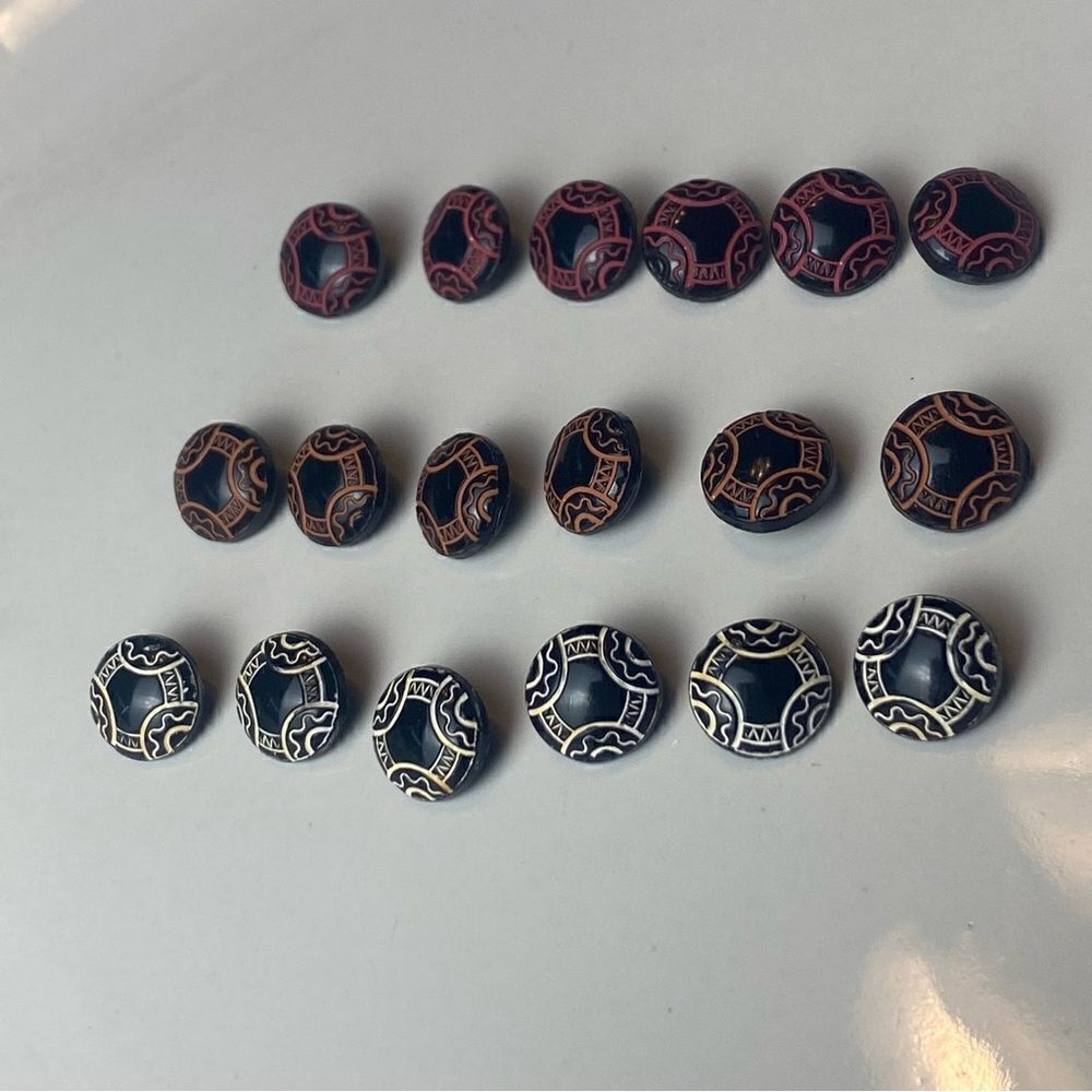 Vintage Jet Black Glass Etched and Painted Buttons